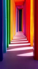 Colorful geometric hallway with strong linear shadows.
