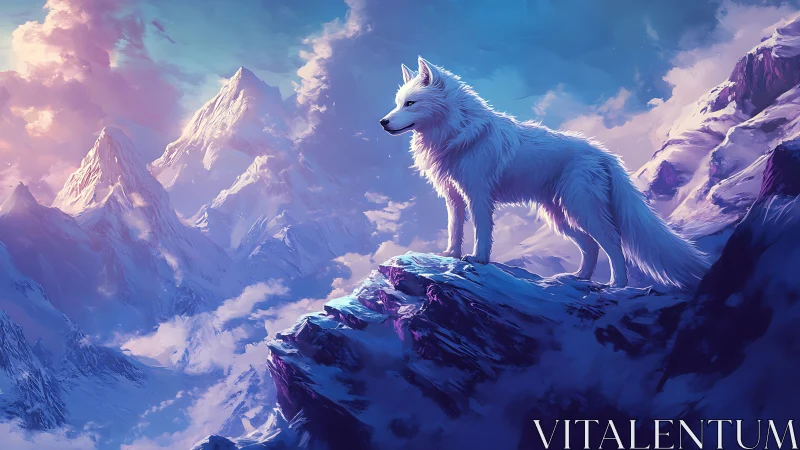 Lone white wolf greets glowing dawn over snowcapped peaks