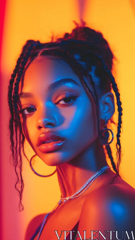 Portrait in neon bicolor lighting with sculpted gradients.