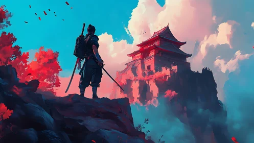 Samurai observes distant cliff temple under vivid sky