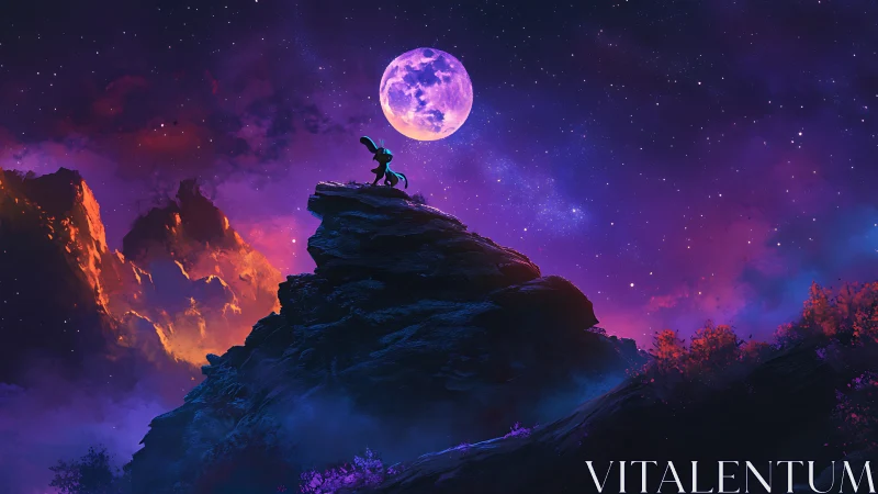 Silhouetted figure on rocky peak under luminous full moon.