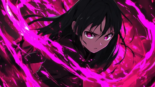 Dark-haired anime mage wields intense neon pink energy