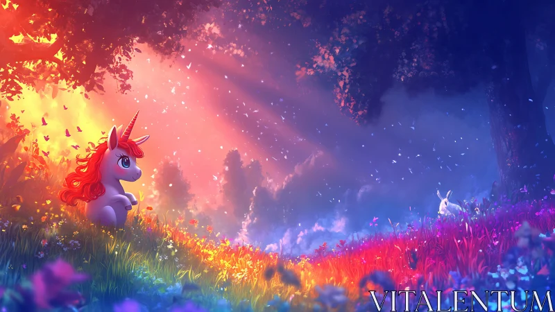 Cartoon unicorn and rabbit in saturated fantasy meadow.
