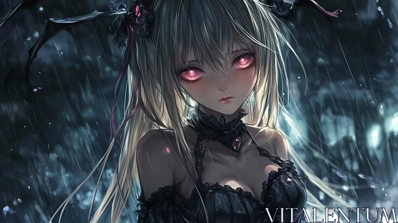 Midnight goth siren with burning rose-pink demon eyes.