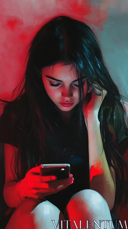 Young woman absorbed in phone under moody red light.
