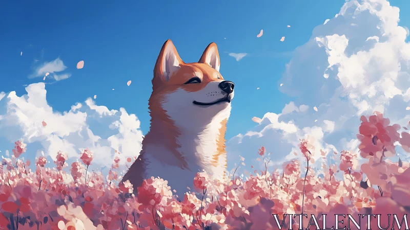 Shiba inu in pink flower field under clear blue sky.