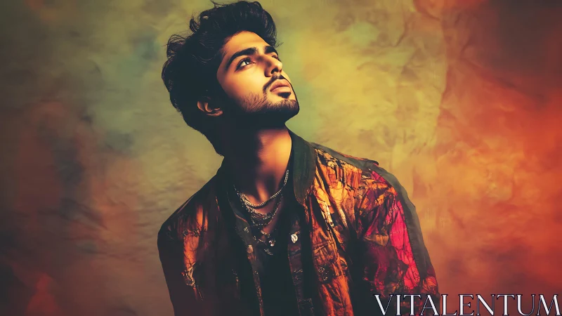 Dreamy young man gazes upward in warm, glowing colors