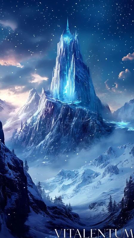 Crystal ice citadel rises over moonlit alpine valley.