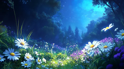 Moonlit wildflower meadow under luminous starry sky.
