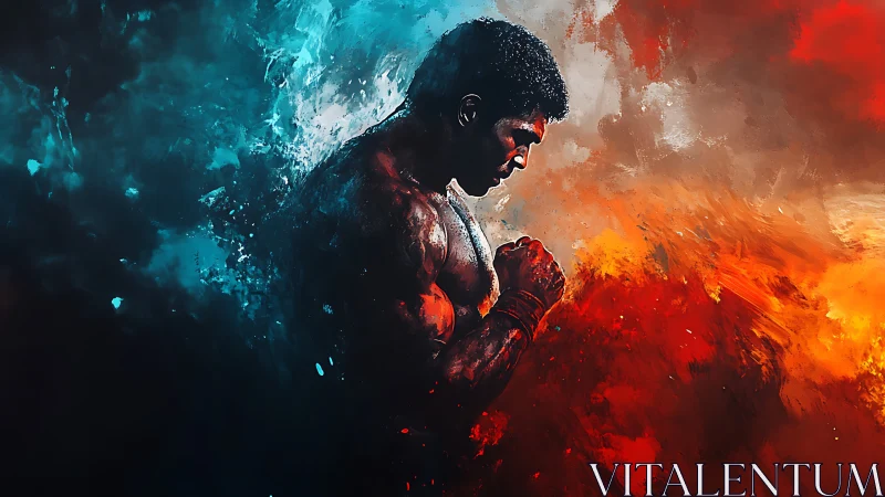 Focused fighter framed by swirling fire and ice colors.