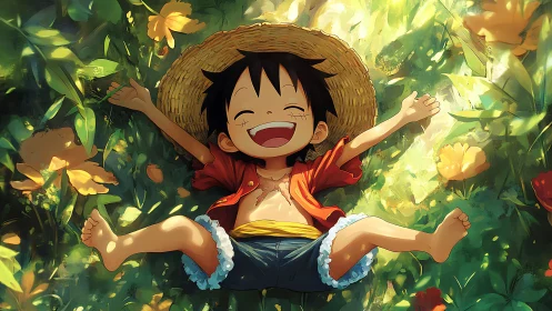 Child sits in sunlit meadow with arms extended outward