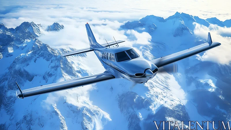 Sleek turboprop aircraft cruising above sunlit alpine range