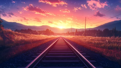 Sunlit railway horizon under vivid summer mountain sky.