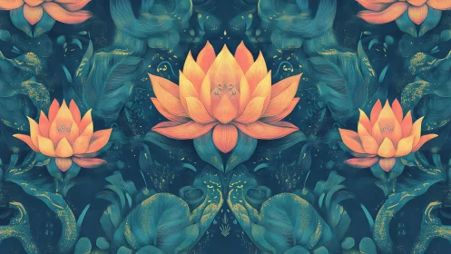 Coral lotus blooms glow over deep teal abstract foliage.