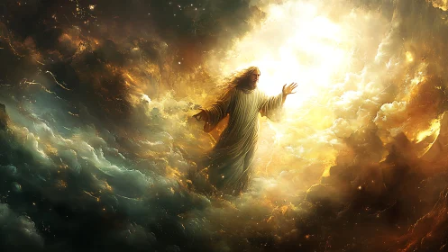 Radiant robed figure ascending through storm-split heavens.