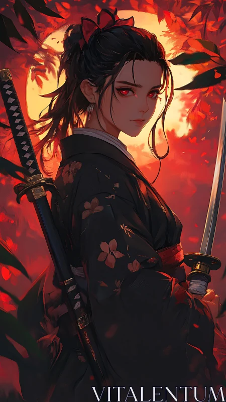 Kimono-clad swordswoman under blazing vermilion sun.