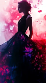 Digital painting portrait with ethereal dress and ink blooms.