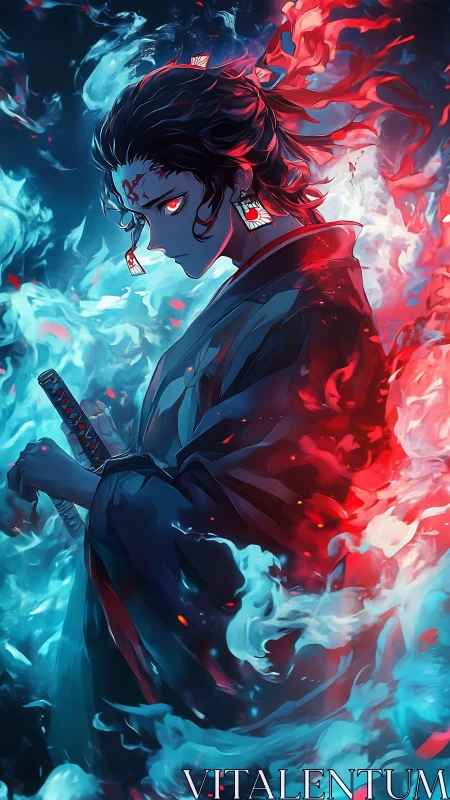 Dual-element swordsman framed by red-blue ethereal combustion field
