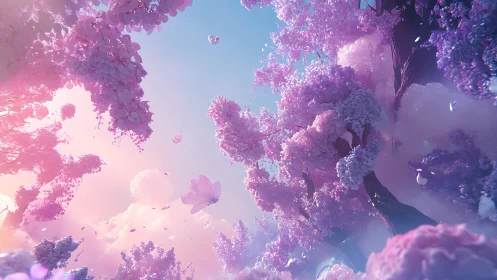 Pink and purple fantasy trees rise among soft pastel clouds
