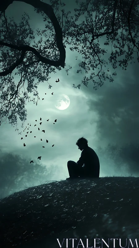 Silhouette of seated figure under moonlit sky with trees