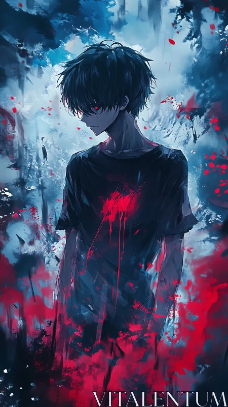 Bleeding-hearted anime boy amid turbulent crimson haze.