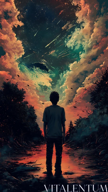 Silhouetted figure studies meteor‑lit sky over vivid creek