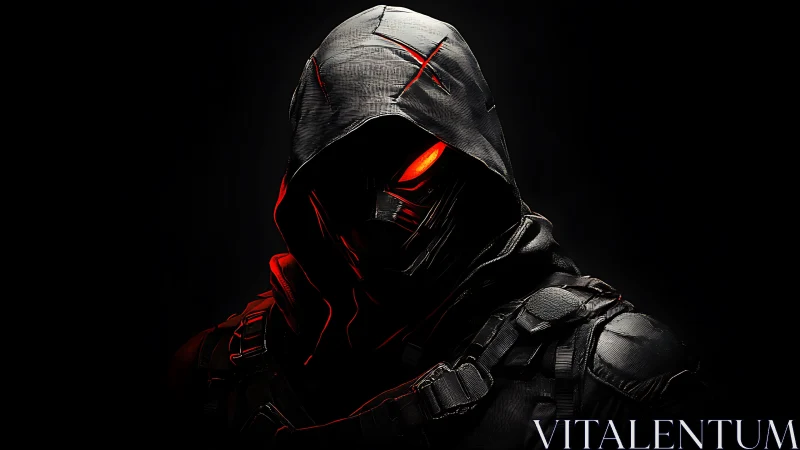 Hooded cyber assassin with glowing eyes in stark shadow.