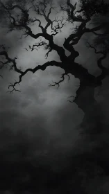 Twisted dead tree rises sharply through dense night fog