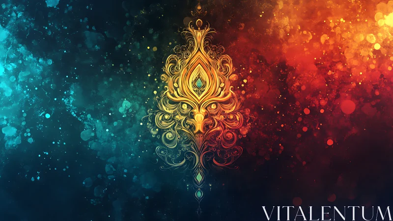 Ornate fire and water emblem glows between cool and warm bokeh