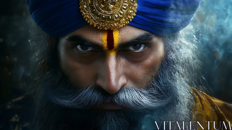 Hyperreal warrior portrait with ornate turban diadem focus.