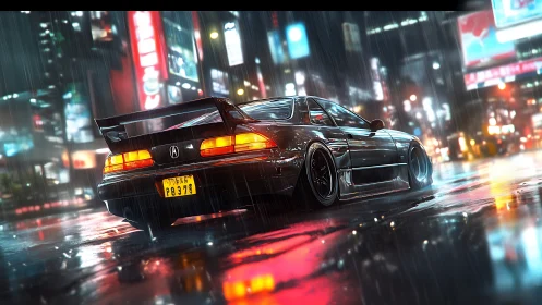 Modified coupe remains stationary on wet neon city street