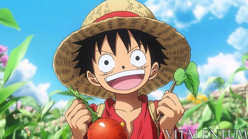Smiling boy in straw hat holding fruit in green field.