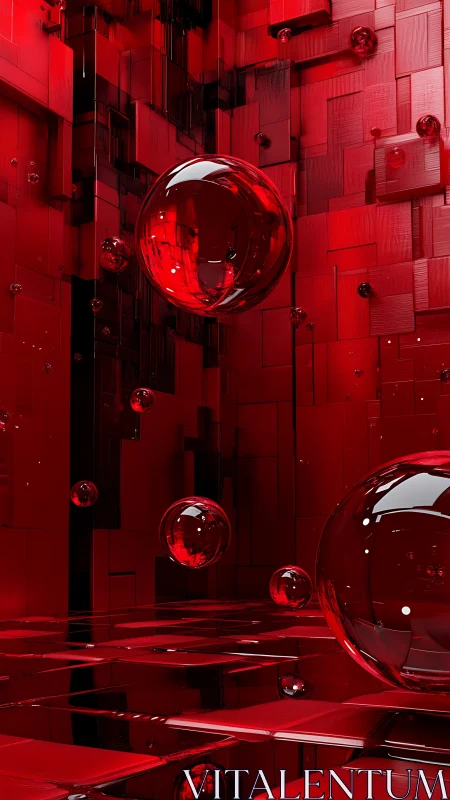 Translucent red spheres hover in a reflective cubic matrix