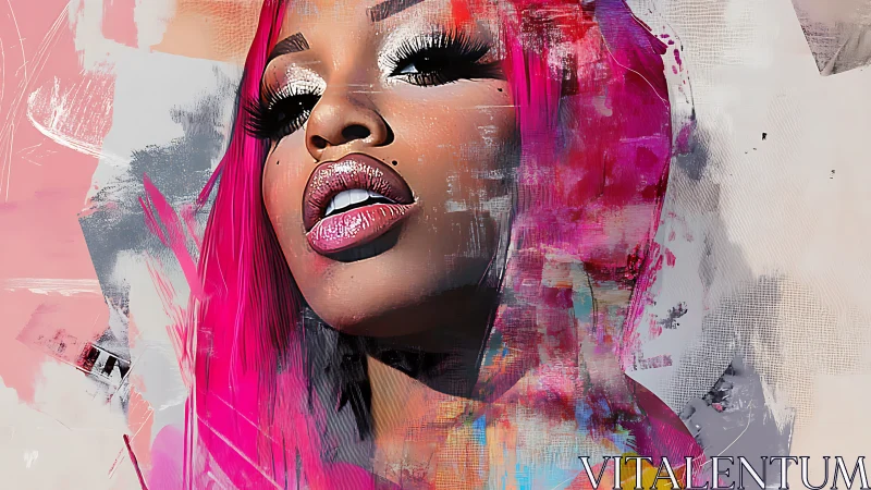 Neon siren rising through splashed pink digital glamour storm.