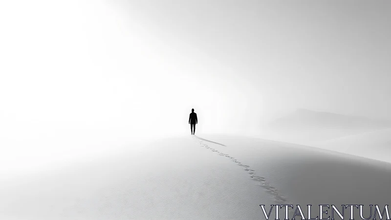Solitary human figure walks across high-key sand landscape