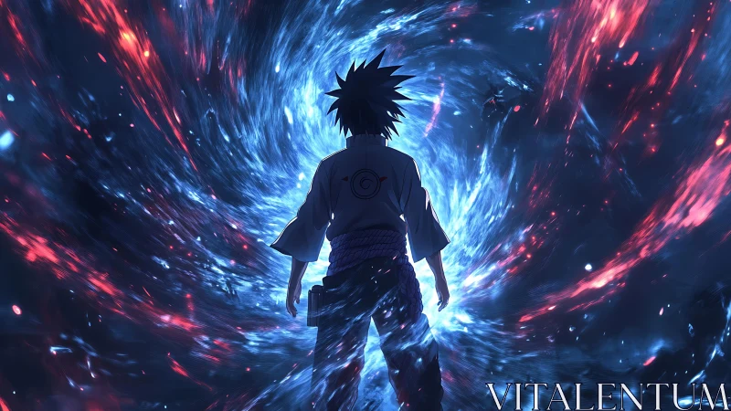 Lone anime warrior steps into a swirling cosmic portal