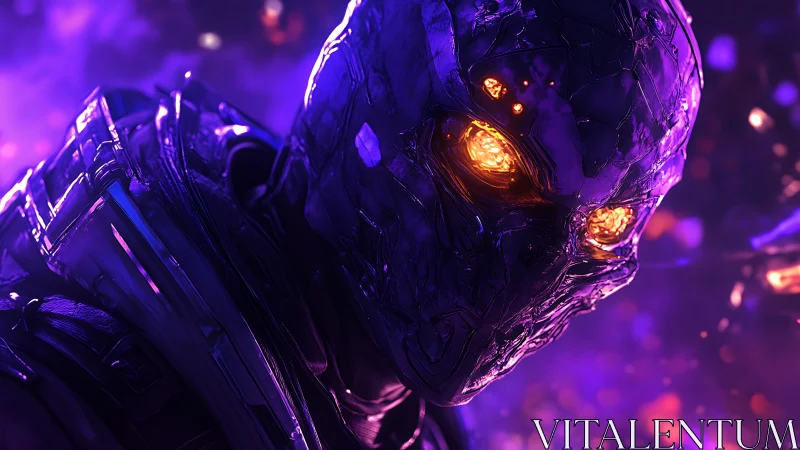 Cyborg head with illuminated eyes in violet environment.