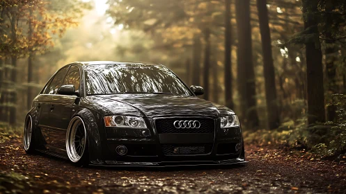 Lowered black Audi sedan on forest road at dusk.