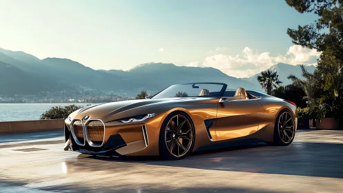 Photorealistic bronze roadster with coastal luxury setting.