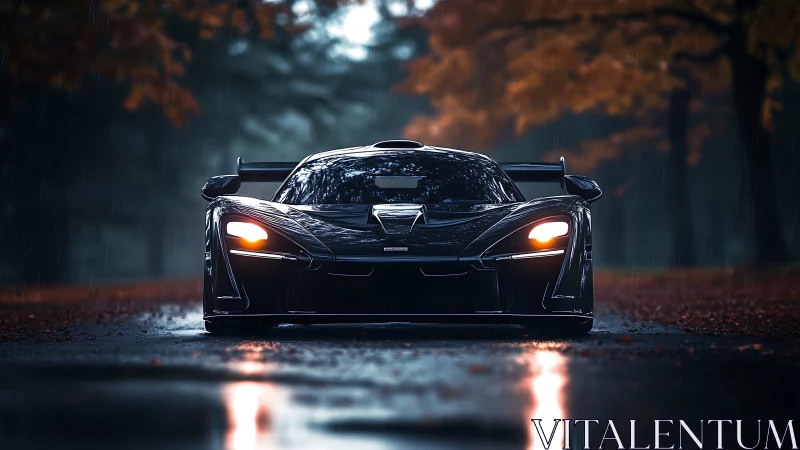 Cinematic hypercar front view in rainy autumn forest street.
