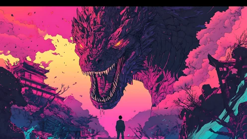 Colossal dragon head above lone figure in neon landscape.