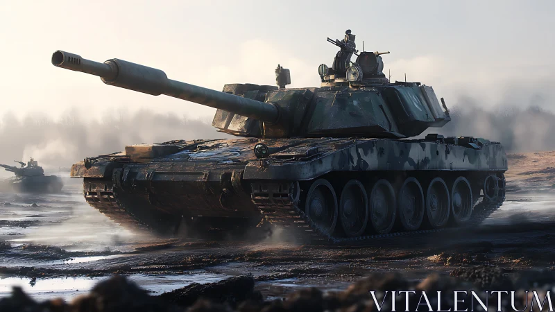 Armored battle tank advancing through misty muddy field.