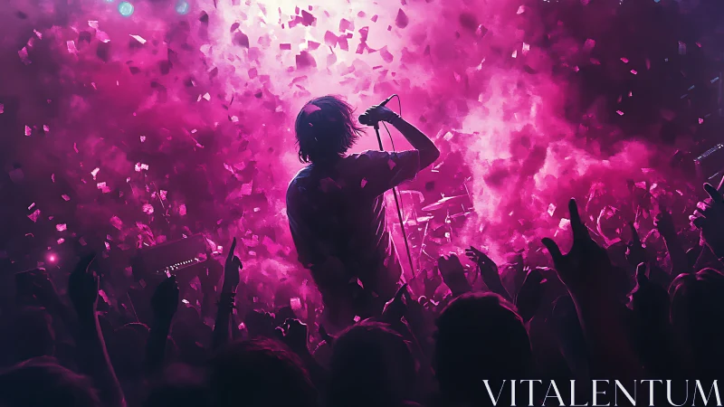 Rock vocalist silhouetted on stage amid pink concert haze.