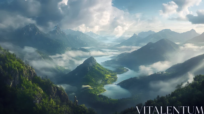 Sunlit alpine valley with misted lakes and layered peaks