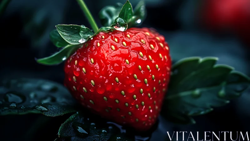 Macro view of ripe strawberry with water drops in focus.