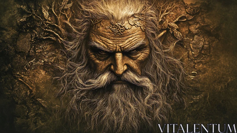 Elder forest entity with bark-textured skin and entwined root hair