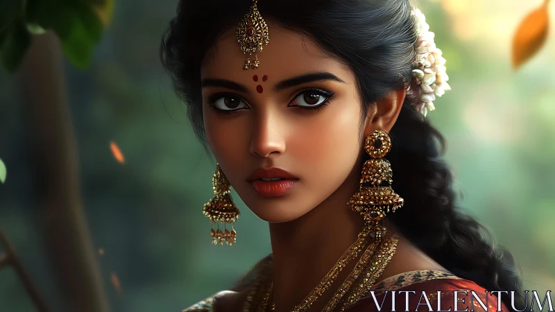 Golden gaze of a adorned woman in luminous forest hush.