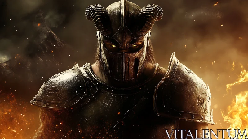 Dark fantasy warrior in horned armor amid infernal flames.