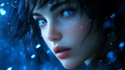 Digital close-up portrays blue-lit female face in profile