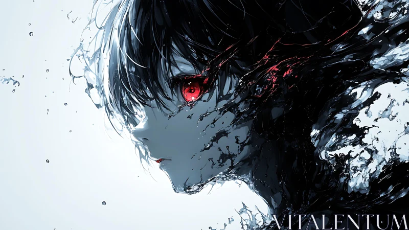 Liquid shadow spirit with glowing red eyes emerging gently.